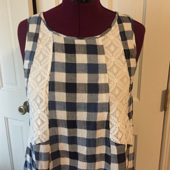 ENTRO JUNIOR'S SIZE M DRESS SHORT BLUE & WHITE CHECKS LACE DESIGN SLEEVELESS - Picture 2 of 4